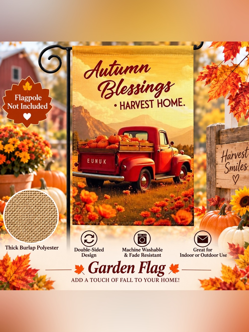 Garden Flag, Autumn Blessings Harvest, burlap polyester, double-sided, 12”x18”